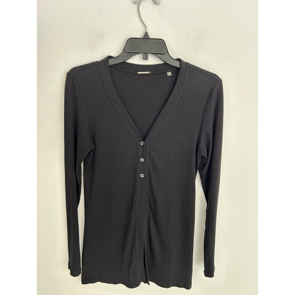 Elie Tahari Black Ribbed Pima Cotton Modal V-Neck Cardigan Top Womens Size S